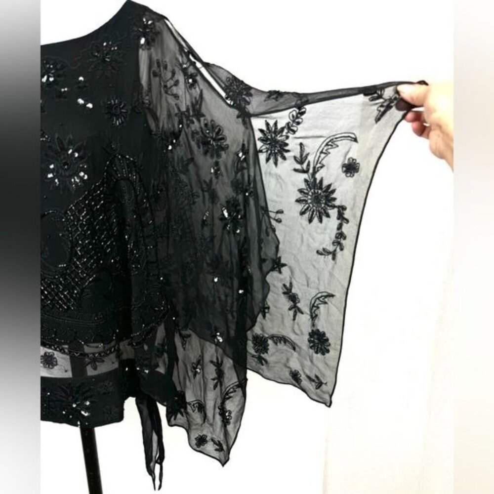 Pure silk sequined and beaded blouse Tie-side Embellished Sheer Black Blouse S - Picture 4 of 13